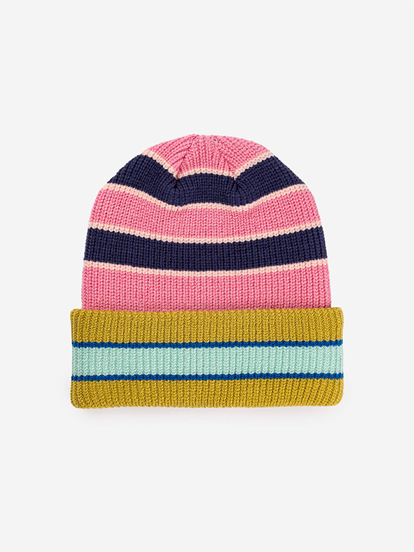 Zipper Stripe Plush Beanie: Denim Pink