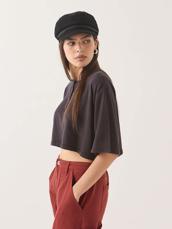 Carefree Organic Garment Dye Cropped Henley: Black