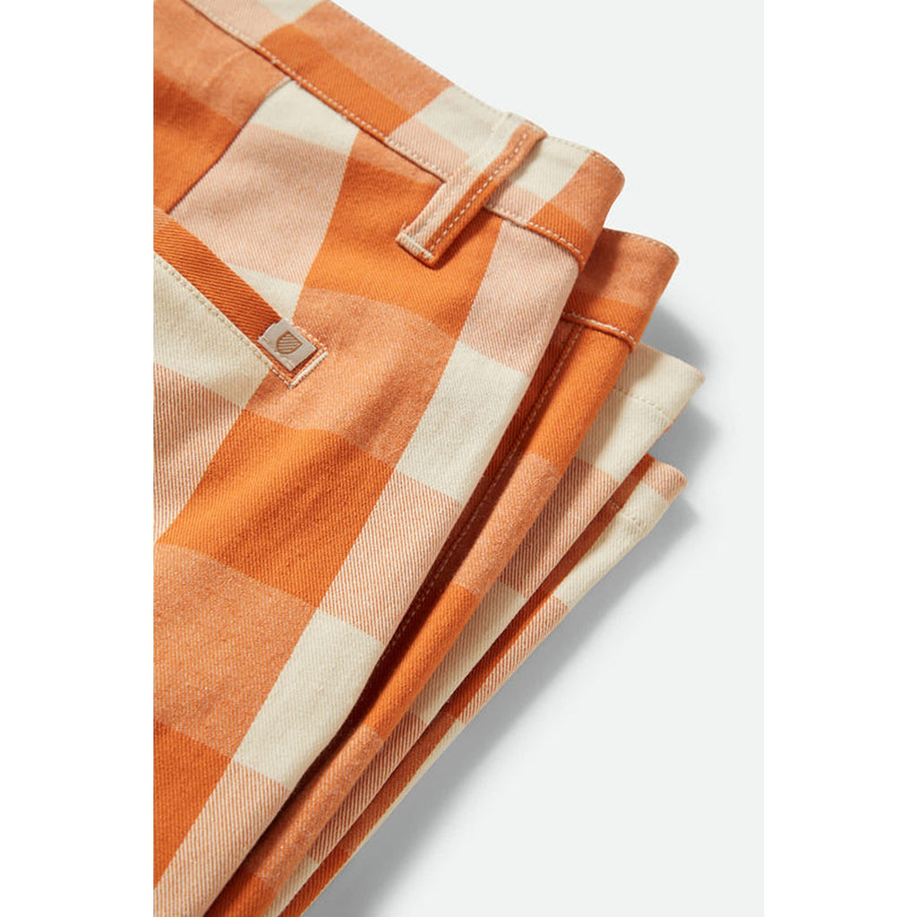 Lightweight, stylish Bedford pants in a tangerine gingham pattern, featuring a relaxed fit and a vibrant checkered design perfect for warm-weather outfits.