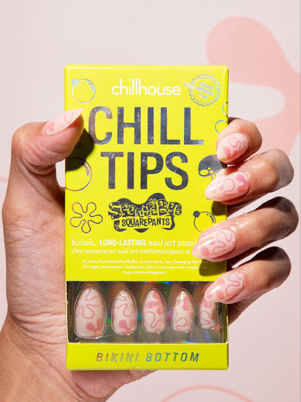 A set of press-on nails from the Chill Tips collection, featuring a vibrant, fun design inspired by the Bikini Bottom theme, perfect for adding a playful, beachy vibe to your manicure.