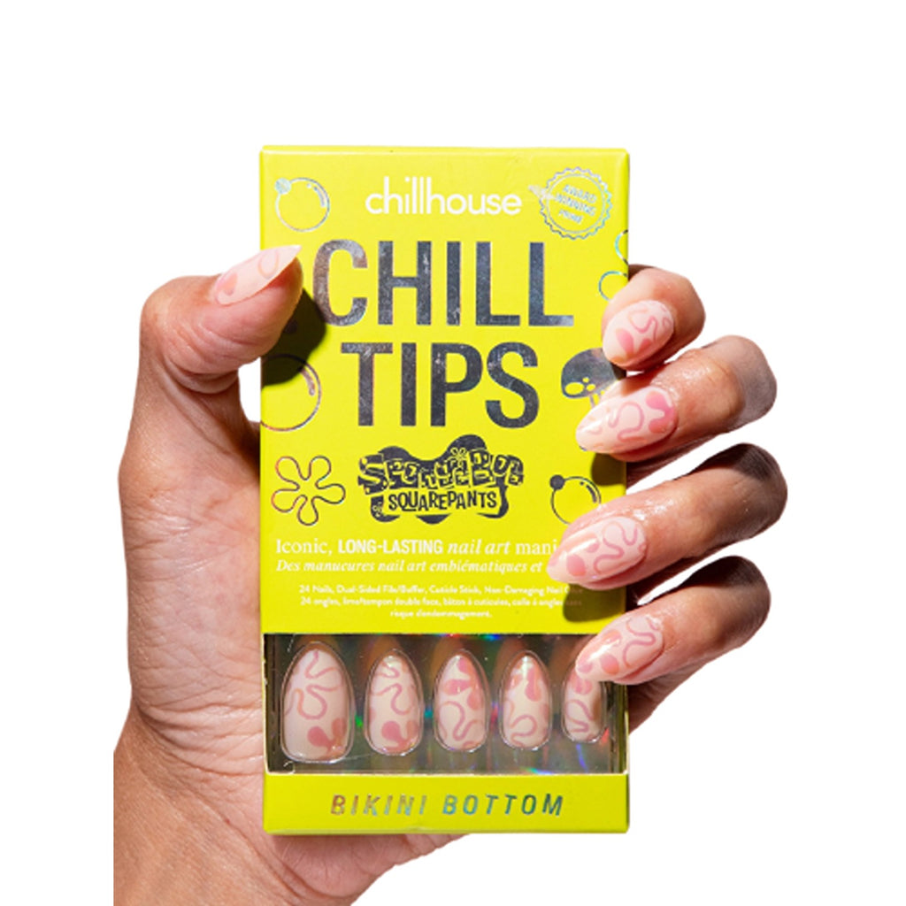 A set of press-on nails from the Chill Tips collection, featuring a vibrant, fun design inspired by the Bikini Bottom theme, perfect for adding a playful, beachy vibe to your manicure.