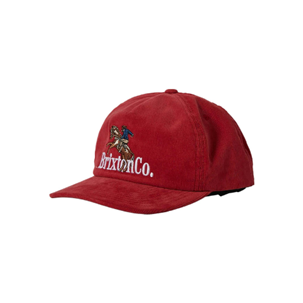 A red Brixton Inwood Snapback hat featuring a classic design with a structured fit and adjustable strap, offering a stylish and casual look for any outfit.