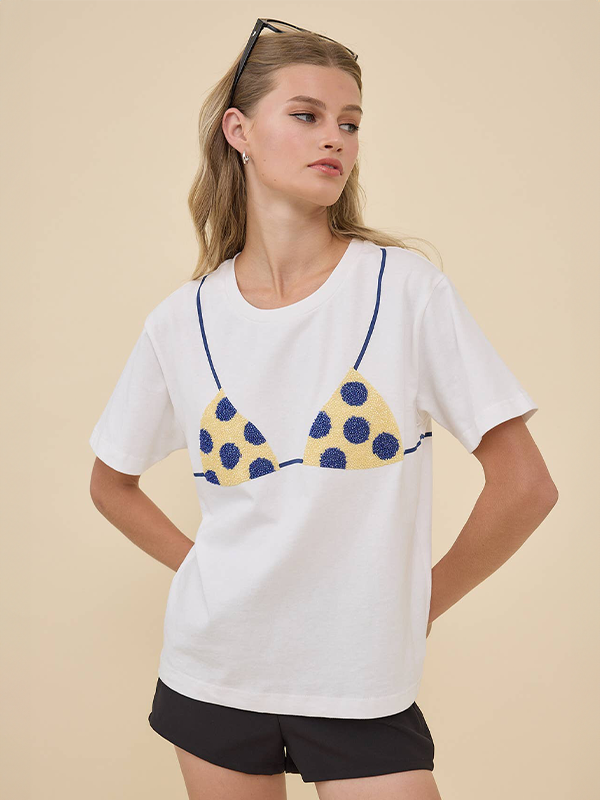Caviar Print Bikini Graphic Tee: Ivory Polka Dot