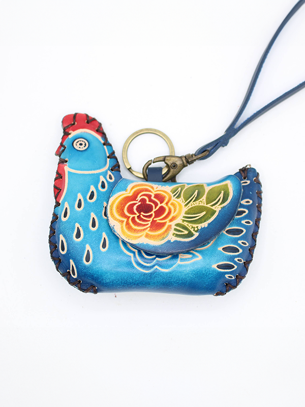 Leather Coin Purse: Blue Chicken