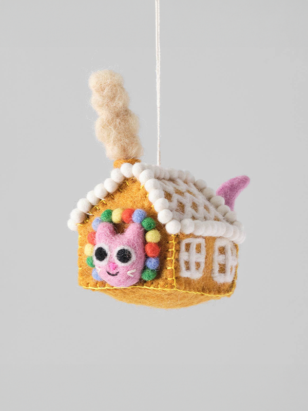 Hanging Felt Ornament: Gretel (Cat In Gingerbread House)