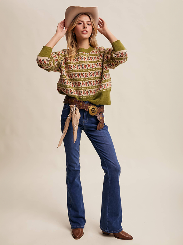 Western Jacquard Knit Sweater: Vintage Green