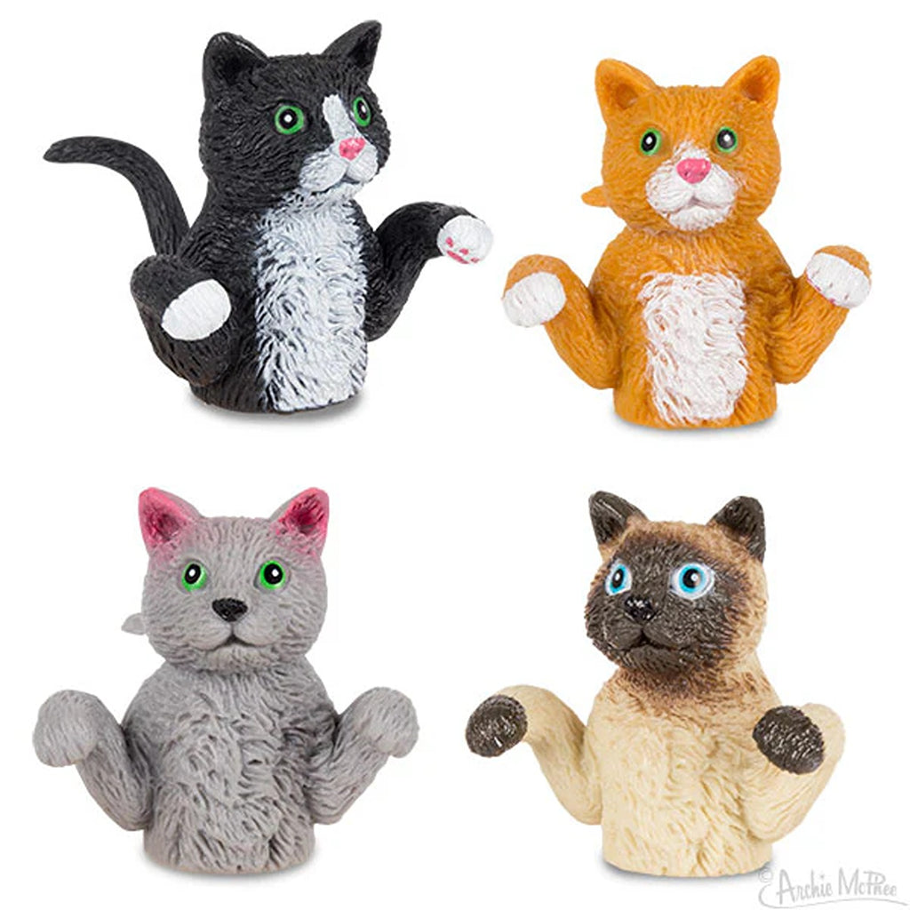 A cute cat finger puppet made from soft, flexible material. The puppet fits comfortably on the finger and features detailed features like ears, eyes, and whiskers, perfect for imaginative play or storytelling.