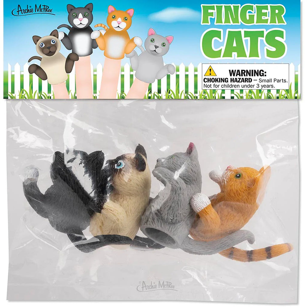 A cute cat finger puppet made from soft, flexible material. The puppet fits comfortably on the finger and features detailed features like ears, eyes, and whiskers, perfect for imaginative play or storytelling.