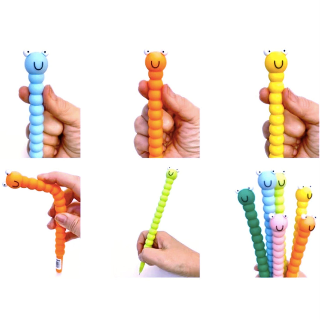 A bright gel pen designed in the shape of a caterpillar, featuring multiple colorful segments resembling the body of a caterpillar, with a smooth writing tip.