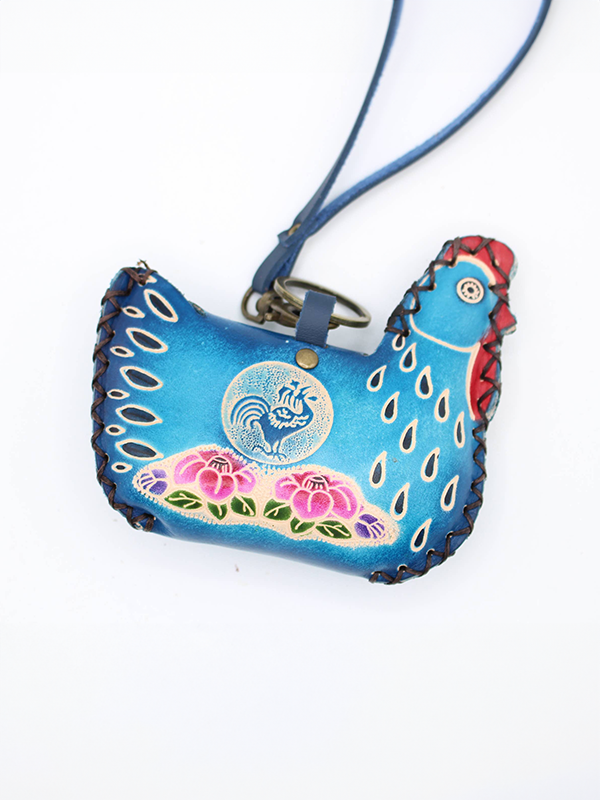 Leather Coin Purse: Blue Chicken