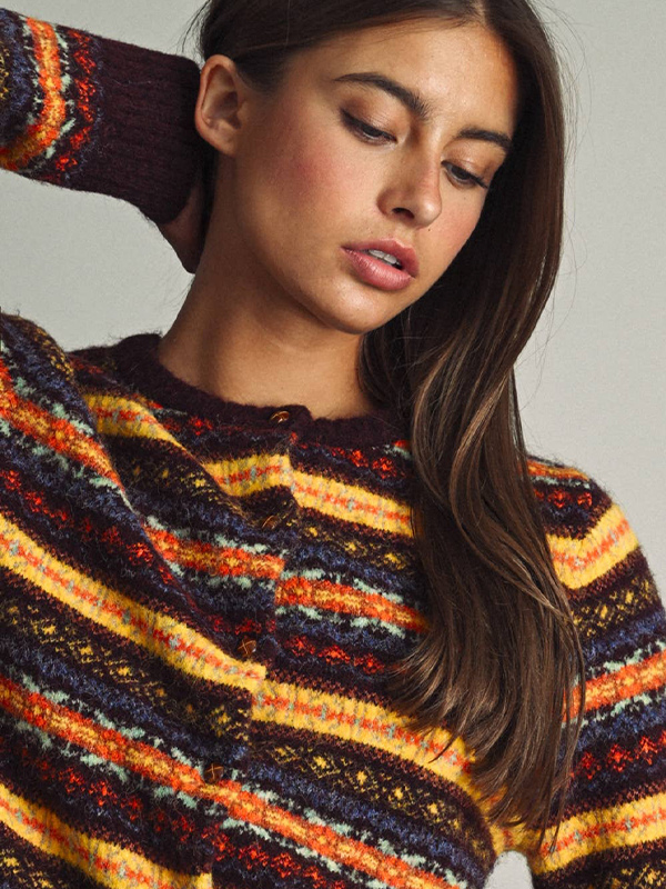 Fair Isle Pattern Cropped Knit Cardigan: Multi