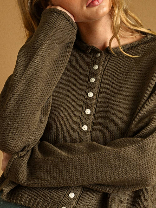 Button Front Knitted Cardigan: Olive