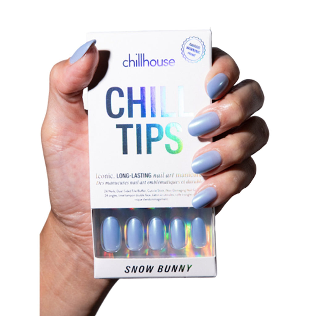 A set of press-on nails from the Chill Tips collection, featuring a playful Snow Bunny design with soft pastel colors and winter-themed details, perfect for adding a cute, frosty touch to your manicure.