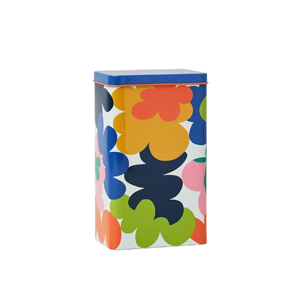 A decorative coffee tin featuring a vibrant abstract flower design, perfect for storing coffee or adding a colorful, artistic touch to your kitchen counter.