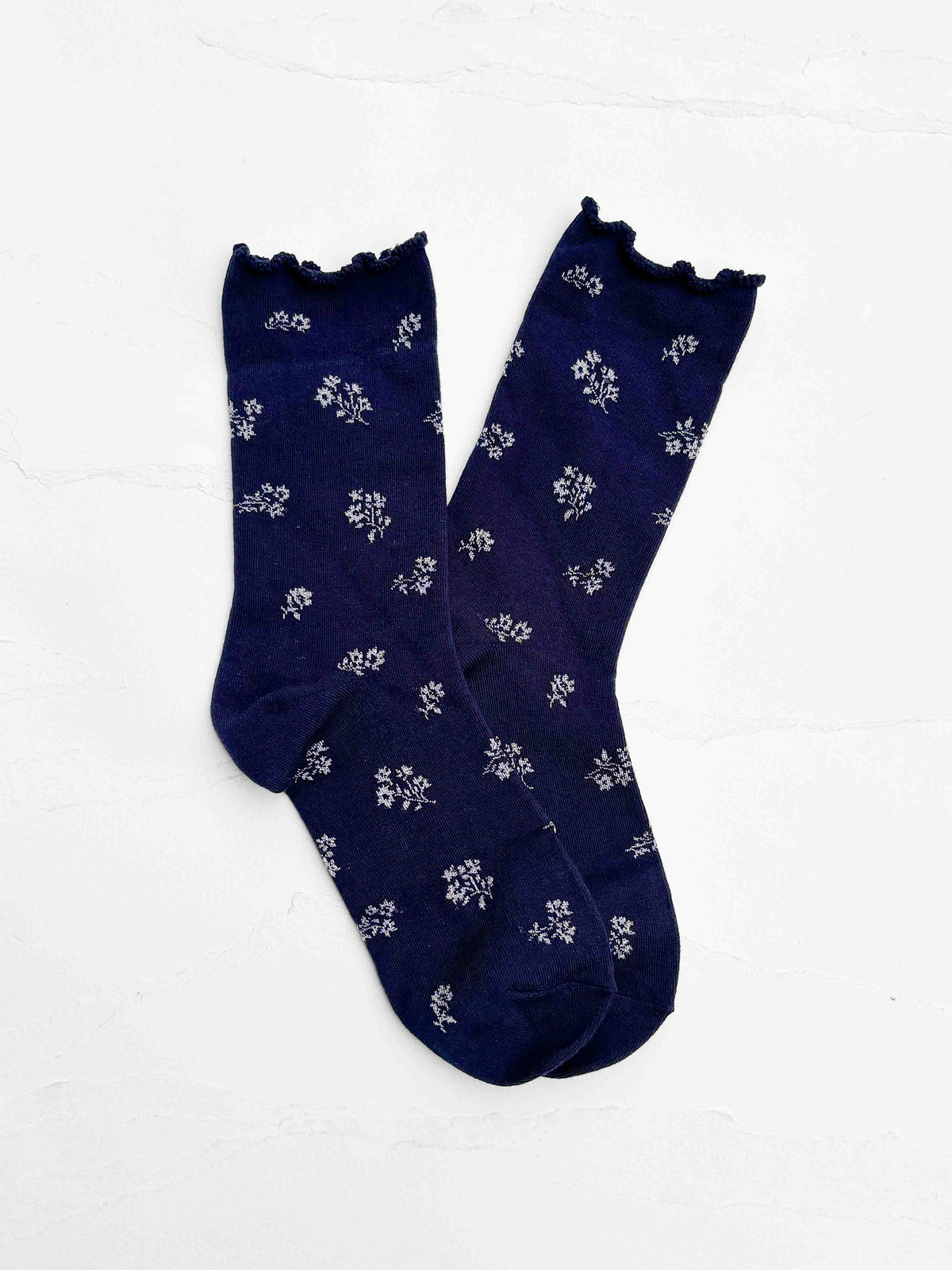 Vintage Tiny Floral Ruffle Socks: Navy
