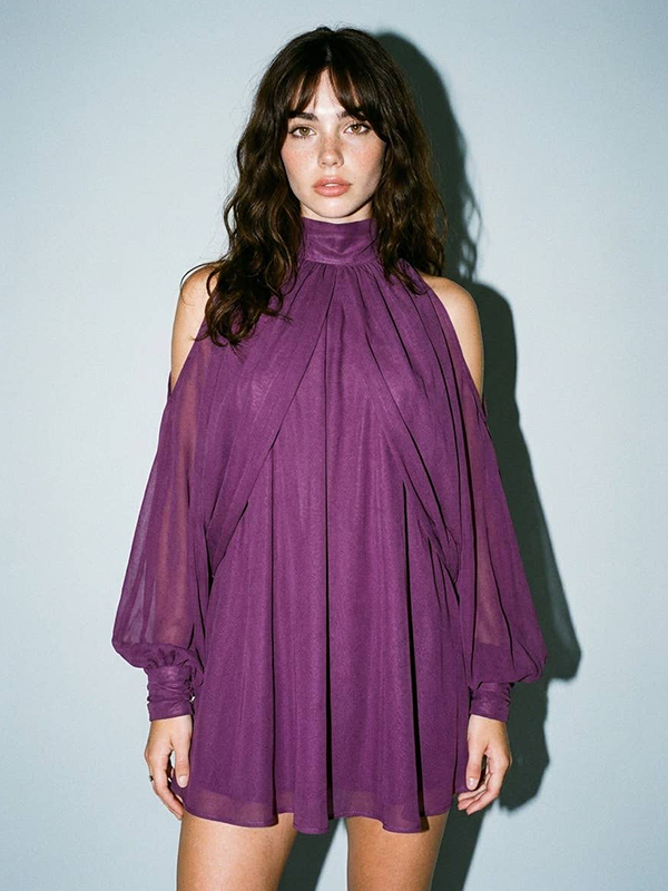 Cold Shoulder Mock Neck Dress: Magenta