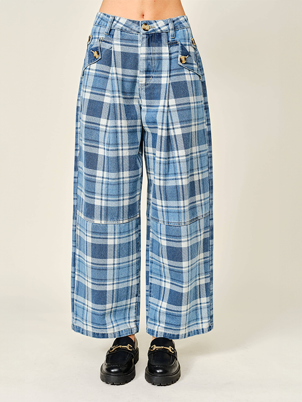 Oxford Barrel Leg Pants: Denim Plaid