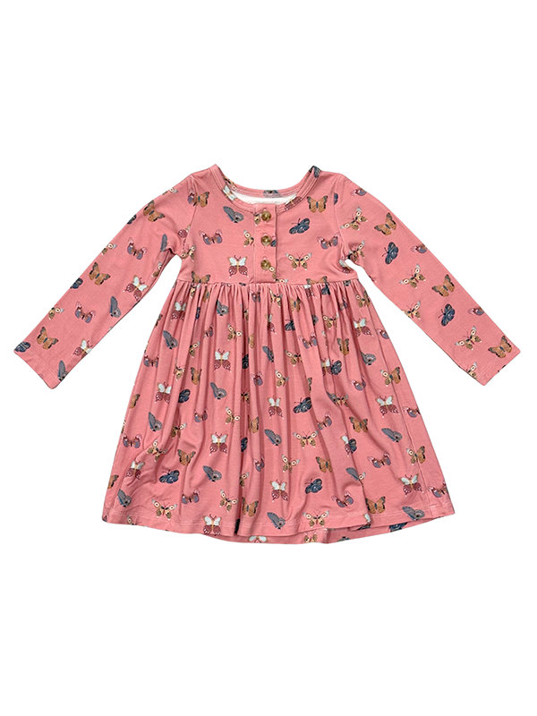 Girl's Long Sleeve Henley Dress: Butterfly Bloom