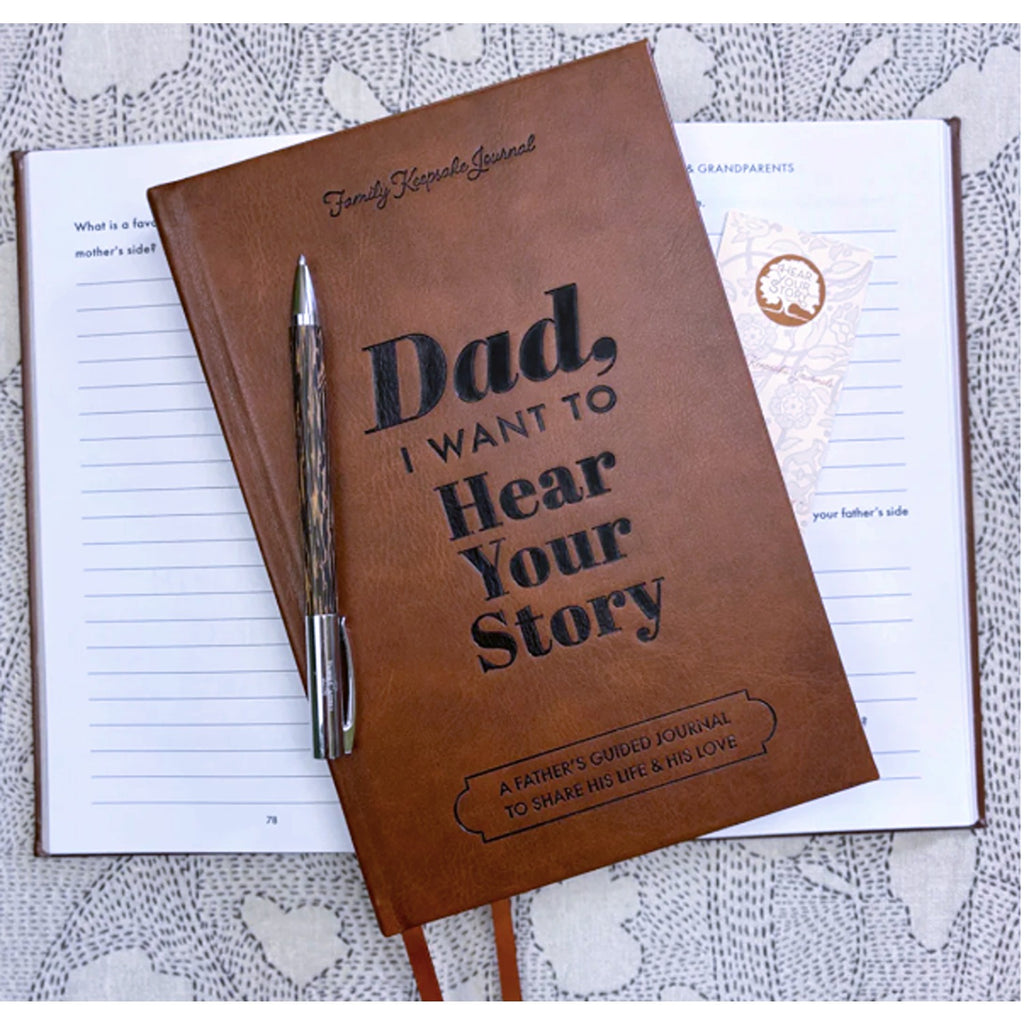 The Heirloom Edition of Dad, I Want to Hear Your Story, a beautifully crafted book designed for fathers to share their personal stories and memories. The hardcover features elegant, timeless design elements, making it a special keepsake for future generations.