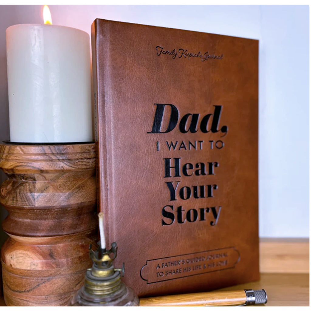 The Heirloom Edition of Dad, I Want to Hear Your Story, a beautifully crafted book designed for fathers to share their personal stories and memories. The hardcover features elegant, timeless design elements, making it a special keepsake for future generations.