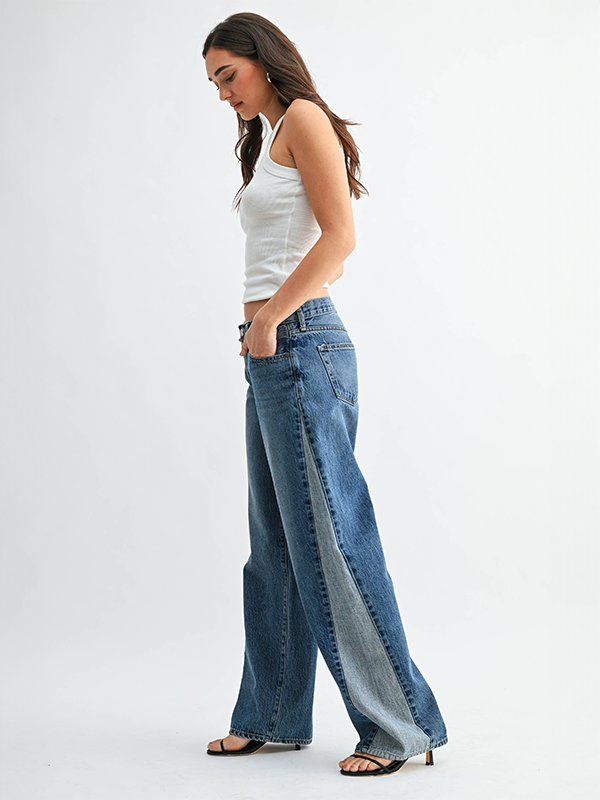 Contrast Angle Seam Wide Leg Jeans
