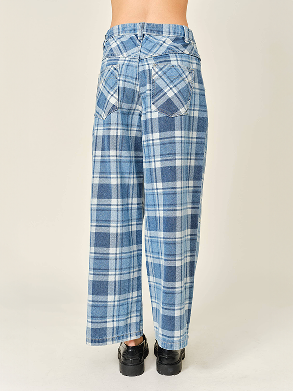 Oxford Barrel Leg Pants: Denim Plaid