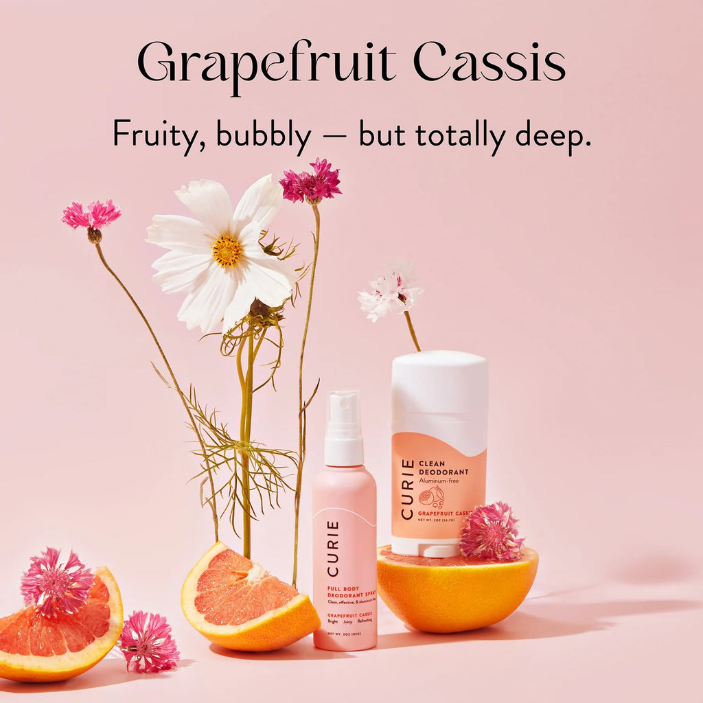 A refreshing full body deodorant in Grapefruit Cassis, offering a bright, invigorating scent with citrusy grapefruit and fruity cassis notes. The deodorant provides long-lasting freshness and protection, leaving the skin feeling clean and revitalized.