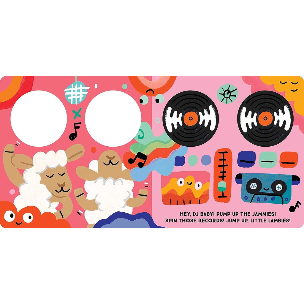 DJ Baby board book featuring vibrant, fun illustrations and a playful theme, perfect for introducing little ones to music and rhythm in an engaging way.