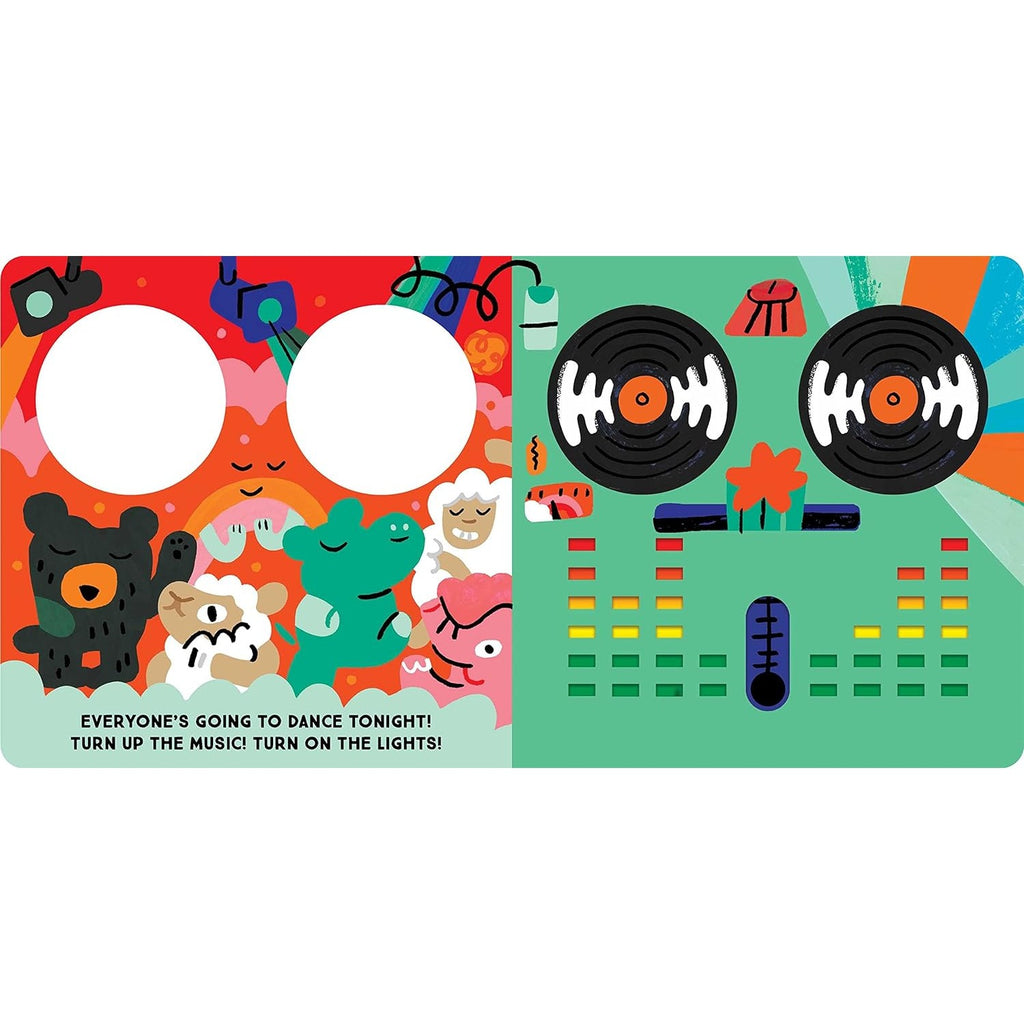 DJ Baby board book featuring vibrant, fun illustrations and a playful theme, perfect for introducing little ones to music and rhythm in an engaging way.