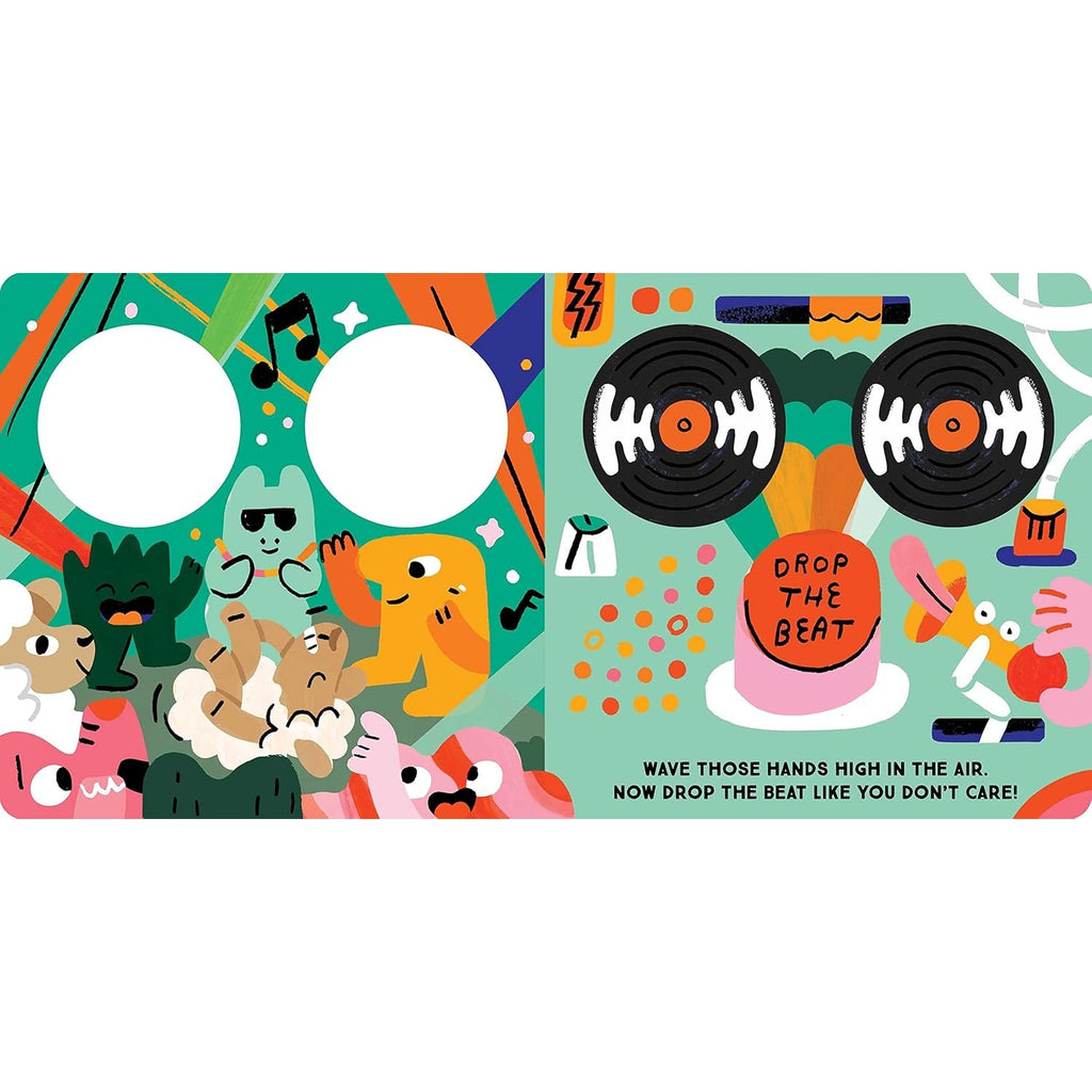 DJ Baby board book featuring vibrant, fun illustrations and a playful theme, perfect for introducing little ones to music and rhythm in an engaging way.