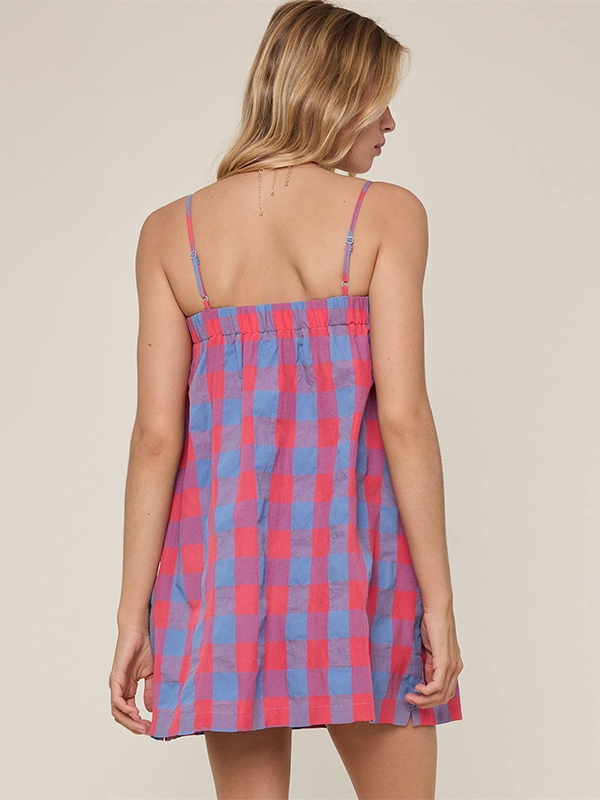 Plaid Cami Mini Dress: Cherry/Blue
