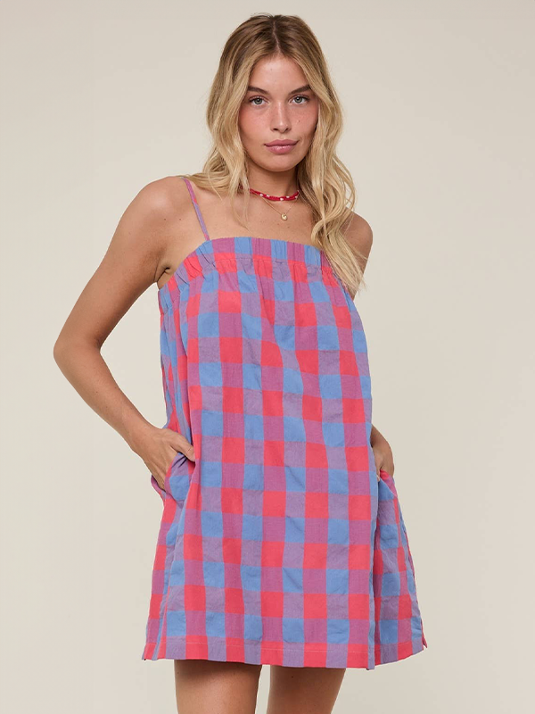 Plaid Cami Mini Dress: Cherry/Blue  Edge of Urge