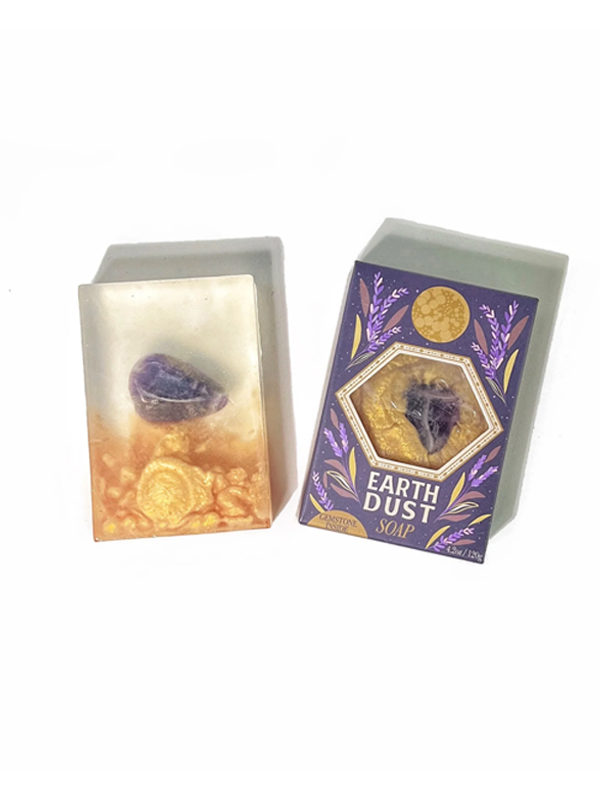 Earth Dust Gemstone Bar Soap in Lavender with Amethyst – A luxurious lavender-scented bar soap infused with amethyst crystals, offering a calming, soothing cleanse while promoting relaxation and positive energy.
