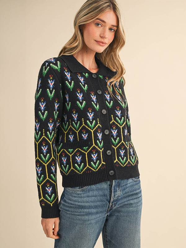 Floral Knit Collared Cardigan: Black Multi