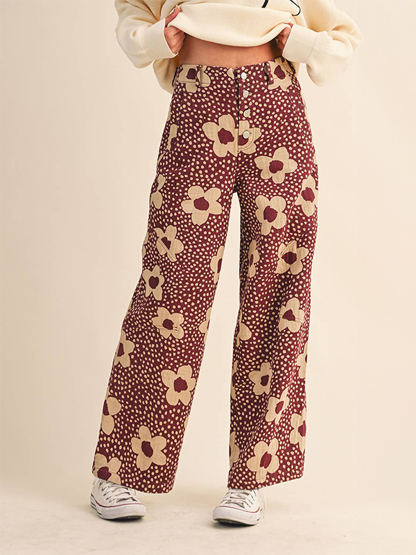 Floral Print High Waisted Pants: Burgundy Floral