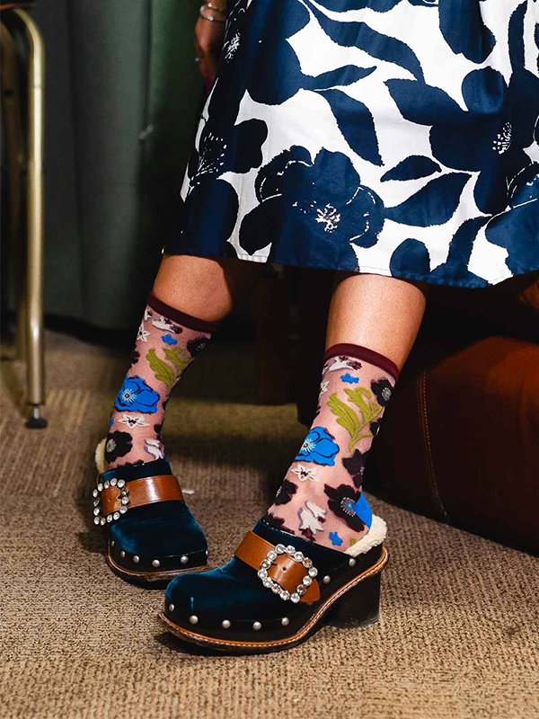 Electric Dusk Floral Shimmer Sheer Crew Sock