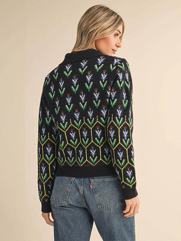 Floral Knit Collared Cardigan: Black Multi