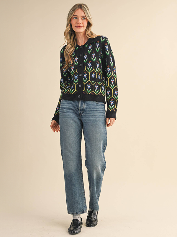 Floral Knit Collared Cardigan: Black Multi