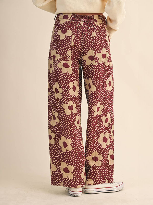 Floral Print High Waisted Pants: Burgundy Floral