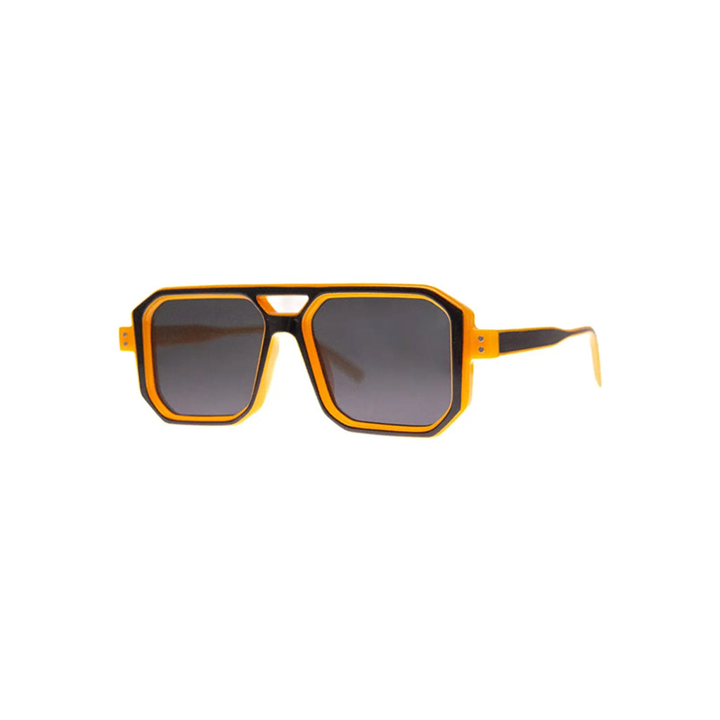 Stylish Flicker sunglasses featuring a black frame with amber-colored lenses, offering a bold, retro-inspired look that adds a touch of sophistication to any outfit.