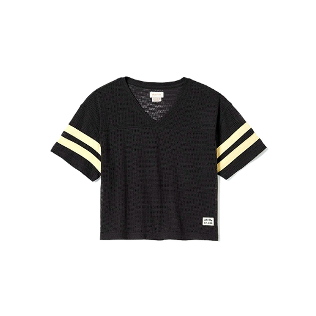 A washed black varsity football mesh tee, featuring a sporty, breathable design with a relaxed fit and a classic mesh fabric, perfect for casual or athletic wear.