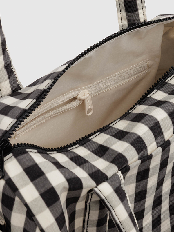 Nylon Duffle Bag: Black and Cream Gingham