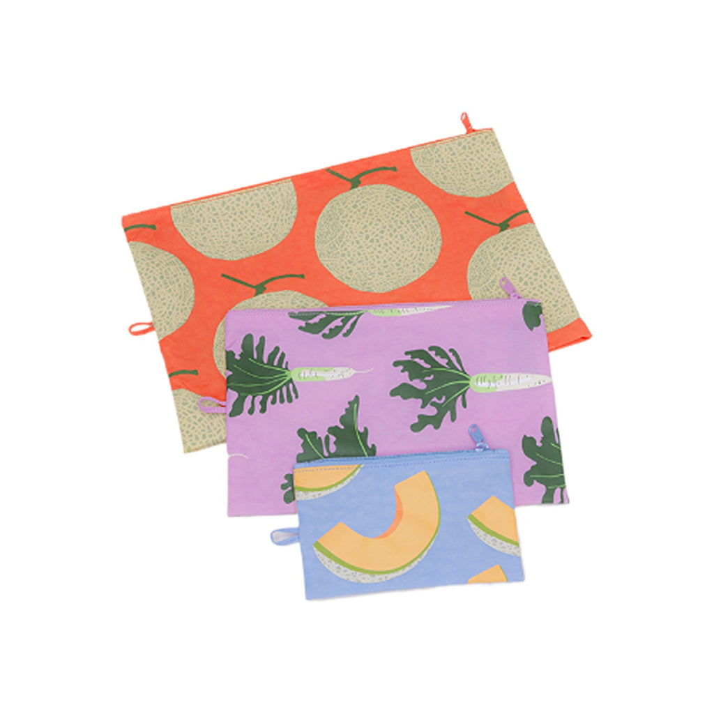 Baggu Go Pouch Set, a set of three compact, lightweight pouches in various sizes, perfect for organizing small items like toiletries, makeup, or tech accessories.