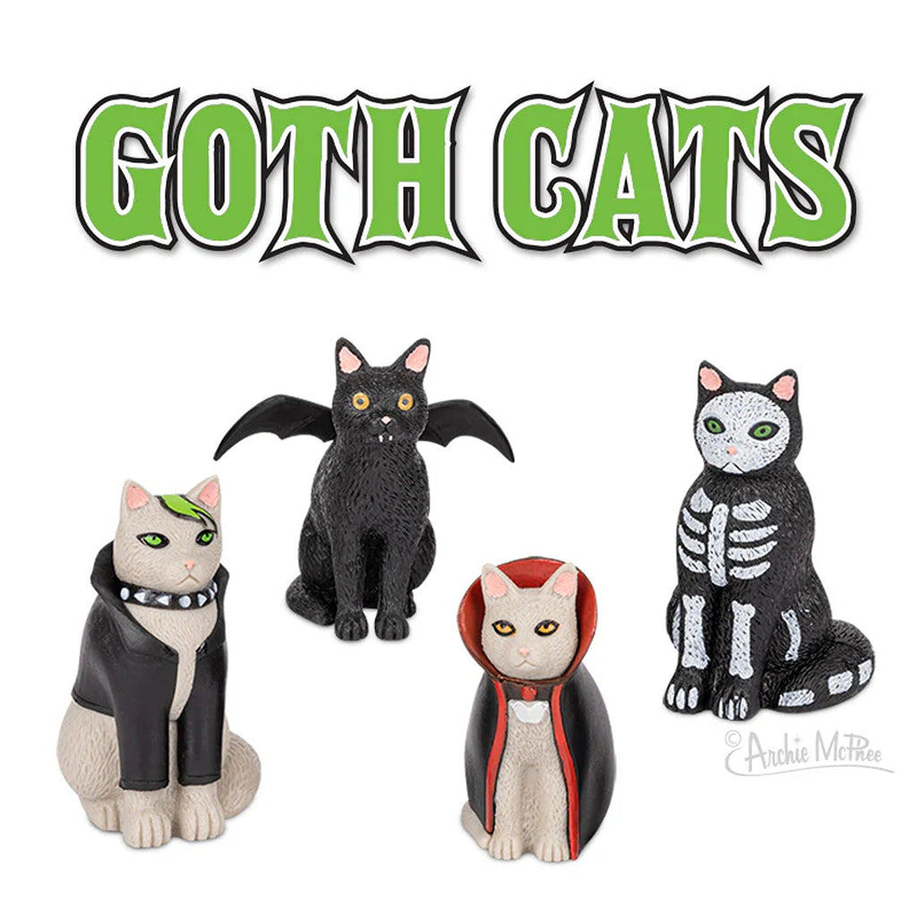 A collection of goth-inspired cat figurines, each with dark, edgy details like black clothing, accessories, and a moody, mysterious expression.