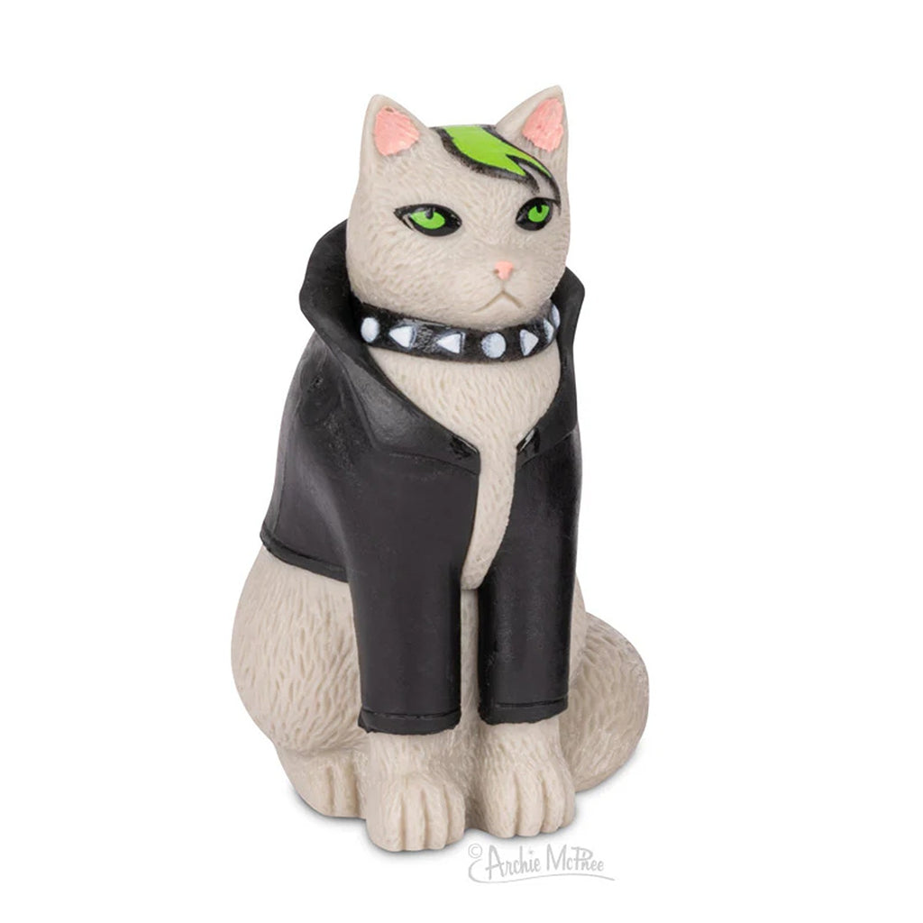 A collection of goth-inspired cat figurines, each with dark, edgy details like black clothing, accessories, and a moody, mysterious expression.