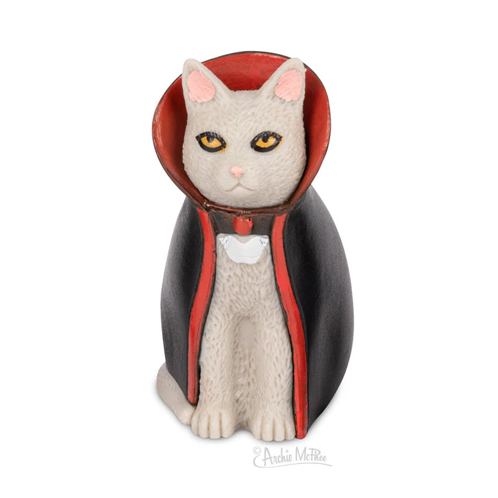 A collection of goth-inspired cat figurines, each with dark, edgy details like black clothing, accessories, and a moody, mysterious expression.