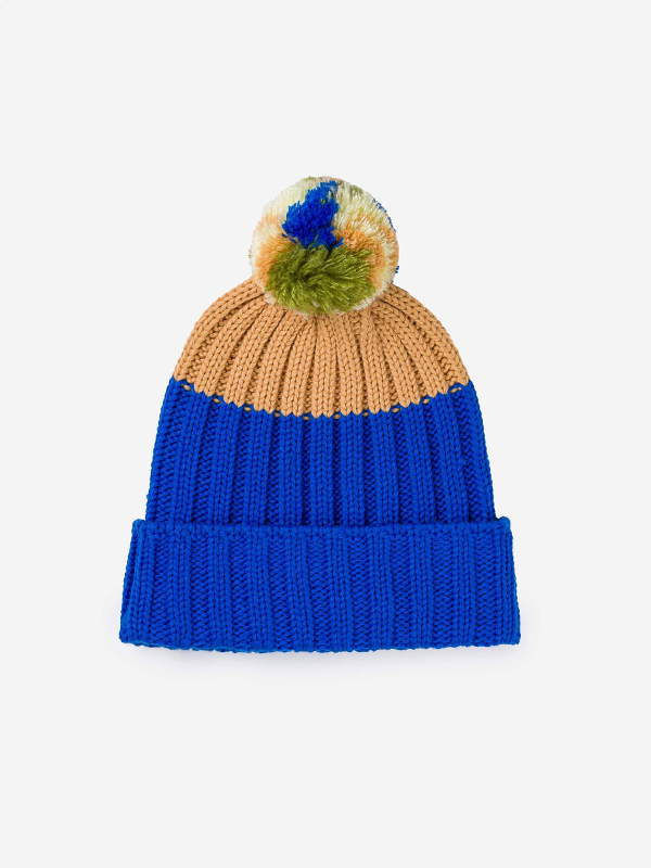 Chunky Colorblock Knit Pom Beanie: Cobalt