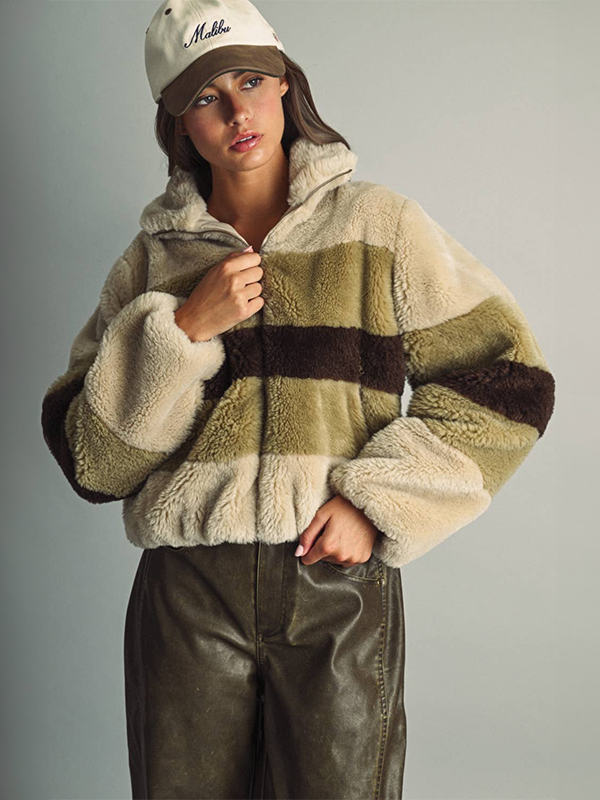 Color-Block Stripe Teddy Jacket: Ecru/Brown