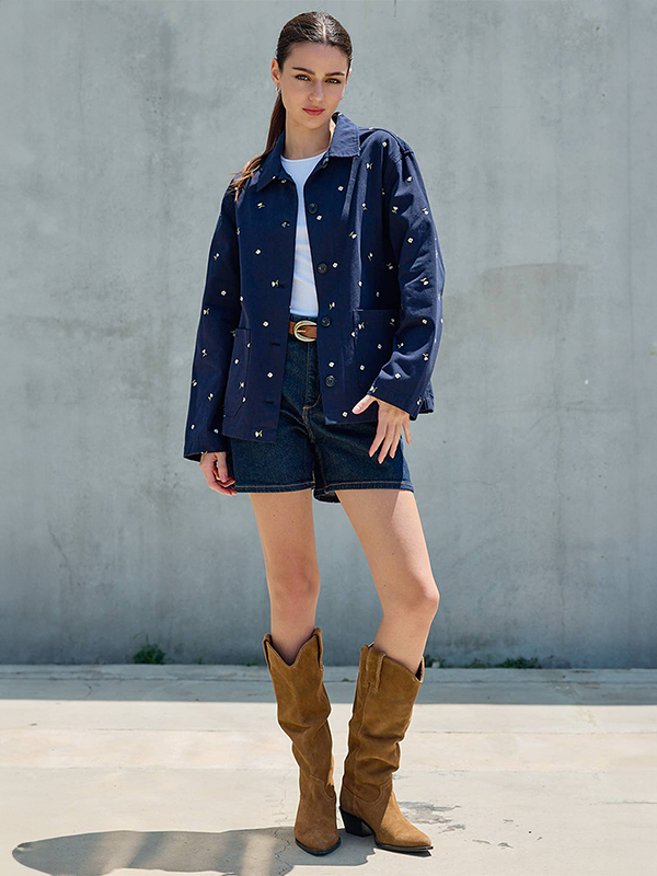 Embroidered Lightweight Button-Up Jacket: Navy