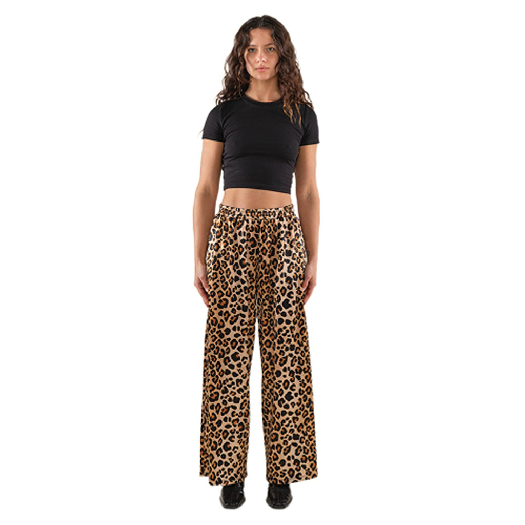 Leopard print satin pants with a straight leg fit, offering a bold and stylish look with a smooth, shiny finish, perfect for adding a touch of edge to your wardrobe.